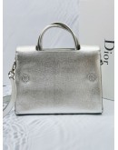 (NEW YEAR SALE) CHRISTIAN DIOR DIOREVER SILVER METALLIC CALFSKIN LEATHER FLAP TOP HANDLE BAG WITH STRAP -FULL SET- 