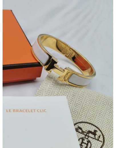(NEW YEAR SALE) HERMES CLIC CLAC H BRACELET WHITE ENAMEL WITH YELLOW  GOLD SIZE S -FULL SET-