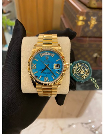 (UNUSED) ROLEX DAY-DATE FULL 18K YELLOW GOLD VERY SHINY TURQUOISE DIAMOND DIAL REF 128238 36MM AUTOMATIC YEAR 2019 WATCH (THERE IS ONLY ONE IN MALAYSIA) -FULL SET-