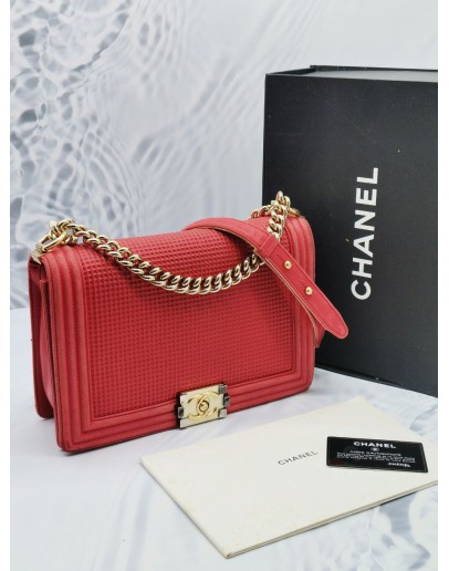 (NEW YEAR SALE) CHANEL MEDIUM BOY RED CUBE EMBOSSED LEATHER FLAP GOLD CHAIN BAG