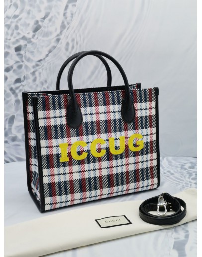 (UNUSED) GUCCI PLAID ICCUG CANVAS AND LEATHER MEDIUM HANDLE TOTE BAG