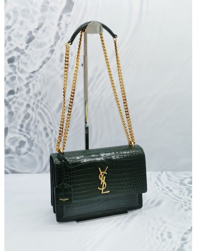 (NEW YEAR SALE) YSL SAINT LAURENT DARK FOREST GREEN CROCODILE EMBOSSED SHINY LEATHER MEDIUM SHOULDER GOLD CHAIN BAG  