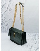 (NEW YEAR SALE) YSL SAINT LAURENT DARK FOREST GREEN CROCODILE EMBOSSED SHINY LEATHER MEDIUM SHOULDER GOLD CHAIN BAG  