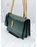 (NEW YEAR SALE) YSL SAINT LAURENT DARK FOREST GREEN CROCODILE EMBOSSED SHINY LEATHER MEDIUM SHOULDER GOLD CHAIN BAG  