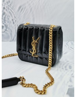 (NEW YEAR SALE) YSL SAINT LAURENT BLACK QUILTED PATENT LEATHER MEDIUM VICKY CROSSBODY GOLD CHAIN BAG