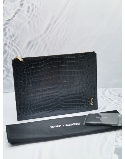 (NEW YEAR SALE) YSL SAINT LAURENT BLACK CROCODILE EMBOSSED CALFSKIN LEATHER SLIM ZIPPED CLUTCH