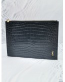 (NEW YEAR SALE) YSL SAINT LAURENT BLACK CROCODILE EMBOSSED CALFSKIN LEATHER SLIM ZIPPED CLUTCH