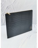 (NEW YEAR SALE) YSL SAINT LAURENT BLACK CROCODILE EMBOSSED CALFSKIN LEATHER SLIM ZIPPED CLUTCH