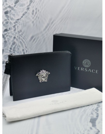 (NEW YEAR SALE) VERSACE LA MEDUSA SILVER HEAD AND BLACK CALFSKIN LEATHER CLUTCH IN BLACK -FULL SET-