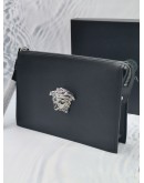 (NEW YEAR SALE) VERSACE LA MEDUSA SILVER HEAD AND BLACK CALFSKIN LEATHER CLUTCH IN BLACK -FULL SET-