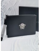 (NEW YEAR SALE) VERSACE LA MEDUSA SILVER HEAD AND BLACK CALFSKIN LEATHER CLUTCH IN BLACK -FULL SET-