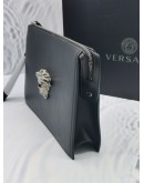 (NEW YEAR SALE) VERSACE LA MEDUSA SILVER HEAD AND BLACK CALFSKIN LEATHER CLUTCH IN BLACK -FULL SET-