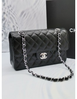 (UNUSED) 2023 MICROCHIP CHANEL SMALL CLASSIC DOUBLE FLAP IN BLACK CAVIAR LEATHER WITH SILVER HARDWARE CHAIN BAG -FULL SET- 