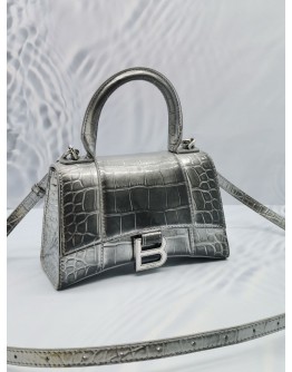 (NEW YEAR SALE) BALENCIAGA SHINY CALFSKIN EMBOSSED CROCODILE LEATHER HOURGLASS TOP HANDLE XS BAG WITH STRAP 