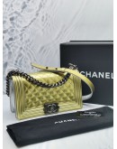 (NEW YEAR SALE) CHANEL OLD MEDIUM BOY GOLD PATENT LEATHER WITH SILVER CALFSKIN LEATHER FLAP BAG -FULL SET-