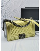 (NEW YEAR SALE) CHANEL OLD MEDIUM BOY GOLD PATENT LEATHER WITH SILVER CALFSKIN LEATHER FLAP BAG -FULL SET-