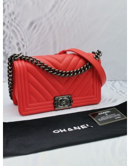 (NEW YEAR SALE) CHANEL CLASSIC FLAP MEDIUM BOY IN ORANGE RED COLOR LAMBSKIN LEATHER MATTE BLACK CHAIN BAG