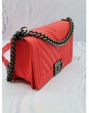 (NEW YEAR SALE) CHANEL CLASSIC FLAP MEDIUM BOY IN ORANGE RED COLOR LAMBSKIN LEATHER MATTE BLACK CHAIN BAG