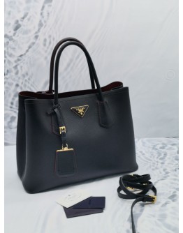 (NEW YEAR SALE) PRADA DOUBLE HANDLE TOTE BAG IN BLACK & FIERY RED MEDIUM SAFFIANO LUX LEATHER WITH LEATHER STRAP