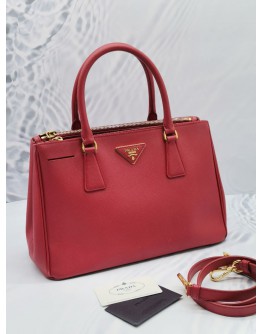 (NEW YEAR SALE) PRADA BN1801 MEDIUM GALLERIA IN RED SAFFIANO LUX LEATHER HANDLE ZIPPED BAG WITH ADJUSTABLE STRAP