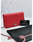 (NEW YEAR SALE) CHANEL CC BOX WALLET ON CHAIN IN RED LAMBSKIN LEATHER SILVER CROSSBODY BAG