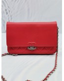 (NEW YEAR SALE) CHANEL CC BOX WALLET ON CHAIN IN RED LAMBSKIN LEATHER SILVER CROSSBODY BAG