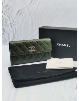 (BRAND NEW) 2023 MICROCHIP CHANEL CC LOGO QUILTED CAVIAR LEATHER MULTI CHAIN LONG FLAP WALLET IN MATCHA GREEEN -FULL SET- 