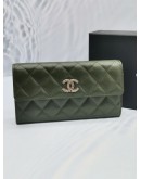 (BRAND NEW) 2023 MICROCHIP CHANEL CC LOGO QUILTED CAVIAR LEATHER MULTI CHAIN LONG FLAP WALLET IN MATCHA GREEEN -FULL SET- 