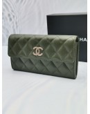 (BRAND NEW) 2023 MICROCHIP CHANEL CC LOGO QUILTED CAVIAR LEATHER MULTI CHAIN LONG FLAP WALLET IN MATCHA GREEEN -FULL SET- 