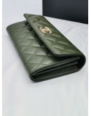 (BRAND NEW) 2023 MICROCHIP CHANEL CC LOGO QUILTED CAVIAR LEATHER MULTI CHAIN LONG FLAP WALLET IN MATCHA GREEEN -FULL SET- 