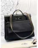 (NEW YEAR SALE) HERMES TOILE VACHE CALFSKIN LEATHER / FABRIC HERBAG 39 IN BLACK 