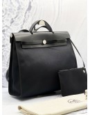 (NEW YEAR SALE) HERMES TOILE VACHE CALFSKIN LEATHER / FABRIC HERBAG 39 IN BLACK 