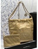 (BRAND NEW) 2023 MICROCHIP CHANEL 22 SMALL LIGHT GOLD METALLIC CALFSKIN LEATHER TOTE SHOULDER CHAIN BAG -FULL SET- 