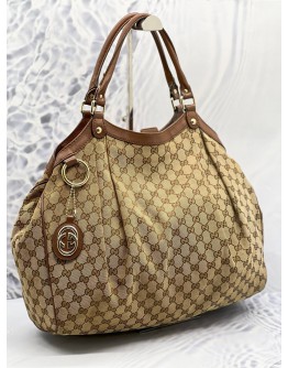(NEW YEAR SALE) GUCCI BEIGE / BROWN GG CANVAS & LEATHER SUKEY TOTE SHOULDER BAG