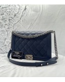 CHANEL BOY LARGE DOUBLE STITCH BAG IN NAVY BLUE QUILTED CALFSKIN LEATHER YEAR 2014