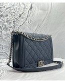 CHANEL BOY LARGE DOUBLE STITCH BAG IN NAVY BLUE QUILTED CALFSKIN LEATHER YEAR 2014
