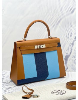 (LIKE NEW) HERMES KELLY 28 LIMITED EDITION GOLD, CELESTE & BLUE SAPHIR EPSOM LEATHER LETTRE S KELLYGRAPHIE WITH PALLADIUM LEATHER STAMP A