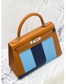 (LIKE NEW) HERMES KELLY 28 LIMITED EDITION GOLD, CELESTE & BLUE SAPHIR EPSOM LEATHER LETTRE S KELLYGRAPHIE WITH PALLADIUM LEATHER STAMP A