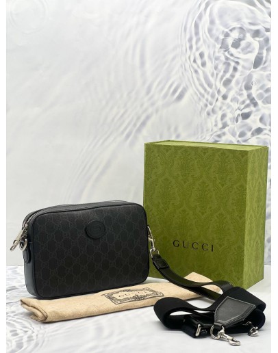 GUCCI BLACK GG SUPREME CANVAS / CALFSKIN RETRO INTERLOCKING G CROSSBODY BAG -FULL SET- 