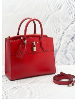 LOUIS VUITTON CITY STEAMER PM HOT RED LEATHER HANDLE BAG WITH STRAP