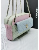 CHANEL MEDIUM CAMERA CASE TRICOLOR LAMBSKIN LEATHER CHAIN BAG SOFT GREEN / PINK / BLUE IN LIGHT GOLD HARDWARE -FULL SET-