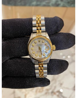 (LIKE NEW) ROLEX LADY DATEJUST DIAMOND MOTHER OF PEARL DIAL REF 69173 HALF 18K 750 YELLOW GOLD 26MM AUTOMATIC WATCH