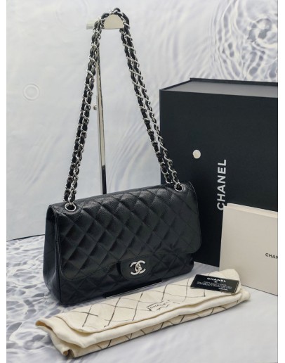 CHANEL JUMBO IN BLACK CAVIAR LEATHER DOUBLE FLAP SILVER CHAIN CROSSBODY BAG YEAR 2019 -FULL SET-