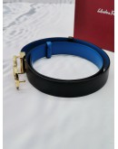 (UNUSED) SALVATORE FERRAGAMO REVRSIBLE AND ADJUSTABLE GANCINI BELT IN BLACK & BLUE LEATHER SIZE 80 -FULL SET-