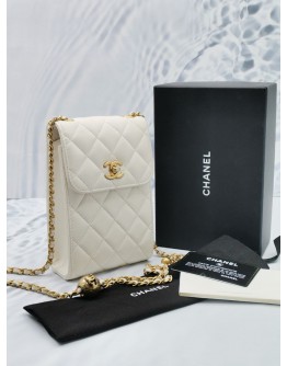 CHANEL WHITE QUILTED LAMBSKIN LEATHER PEARL CRUSH PHONE CASE BAG IN GOLD HARDWARE -FULL SET-