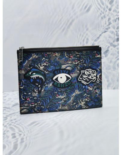 KENZO MULTICOLOR FLYING TIGER & EYES ICONS ZIPPED SLIM POUCH IN MULTICOLOR 