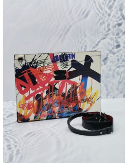 CHRISTIAN LOUBOUTIN MEN'S SKYPOUCH GRAFFITI GRAPHIC POUCH / CROSSBODY LEATHER BAG WITH STRAP IN MULTICOLOR 