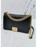 CHANEL MEDIUM BOY BLACK CAVIAR LEATHER MATTE GOLD HARDWARE CHAIN FLAP BAG YEAR 2019