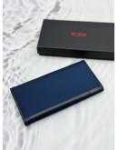 (UNUSED) TUMI FLAP LONG WALLET IN BLUE CANVAS AND BLACK CALFSKIN LEATHER