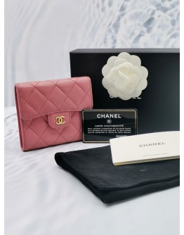 CHANEL SAKURA PINK TRIFOLD FLAP WALLET IN QUILTED LAMBSKIN LEATHER